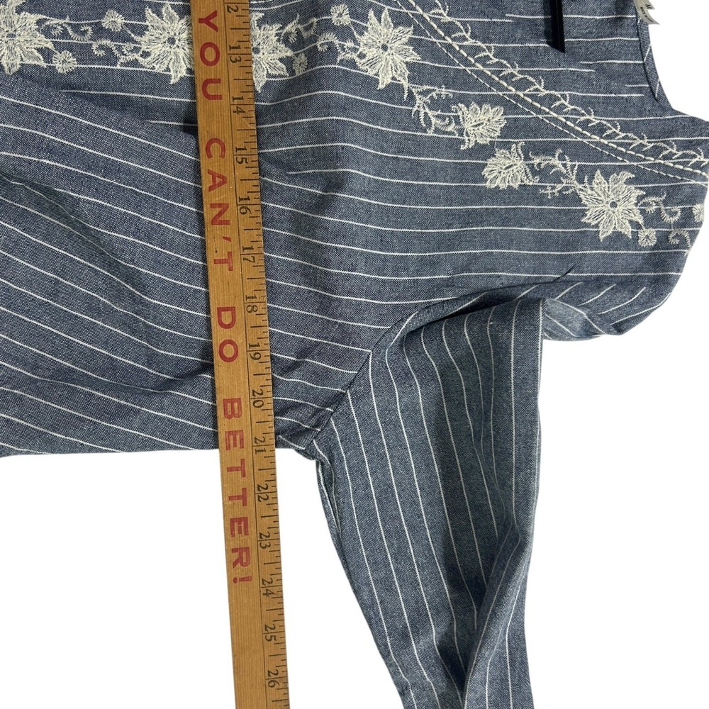 Embroidered Linen Blend Blouse M Blue Pinstripe Tie Front Boho Earthy Artsy - Picture 8 of 9
